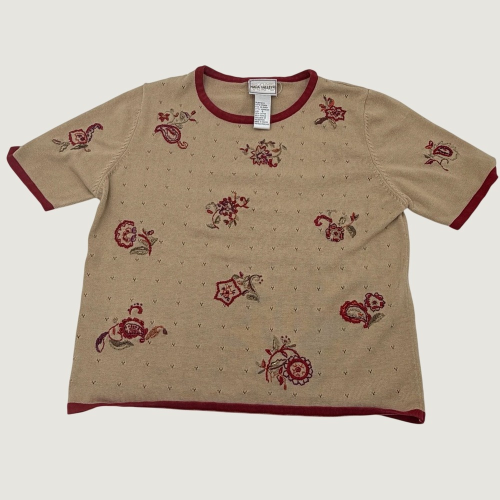 Napa Valley Womens Tan Floral Embroidered Knit Short Sleeve Sweater Top Small